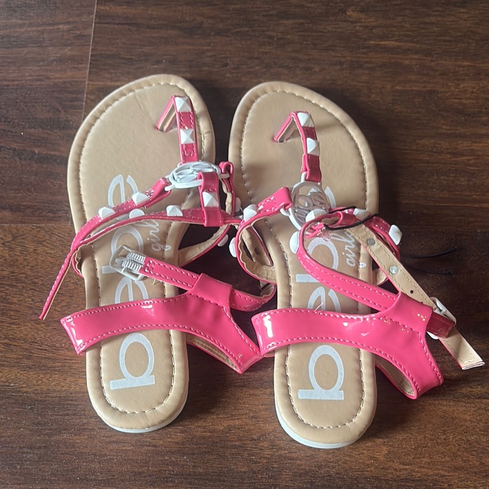 Bebe Pink and Tan Sandals with Shiny Crisscross Straps